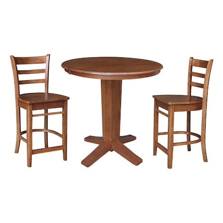 International Concepts 36 in. Solid Wood Round Extension Dining Table with 2 Counter Height Stools in Distressed Oak K42-36RXT-23B-S61722
